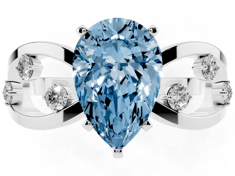 Fancy Blue Pear Cut Diamond Solitaire Ring Set in Silver with Side Stones on Criss-Cross Band and Prong Setting