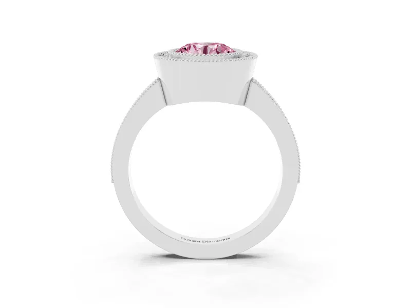 Fancy Pink Round Cut Diamond Halo Engagement Ring Set in Platinum with Pavé Band and Round Halo Stones