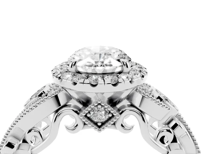 Oval Cut Diamond Halo Ring Set in White gold with Milgrain Pavé Band and Prong Setting