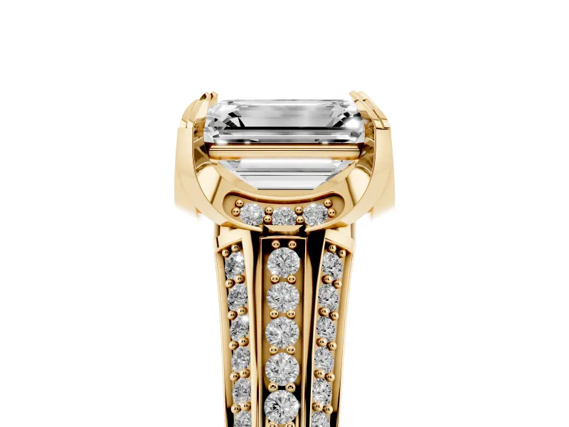 Emerald Cut Diamond Pavé Split Shank Solitaire Ring Set in Yellow gold with Prong Setting