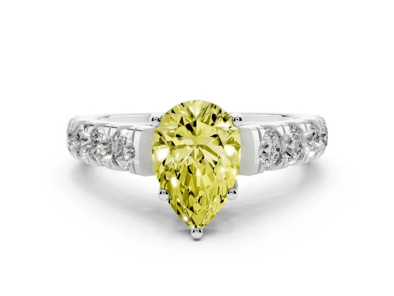 Fancy Yellow Pear Cut Diamond Solitaire Ring Set in Platinum with Cut-Down Micro Pavé Band and Prong Setting
