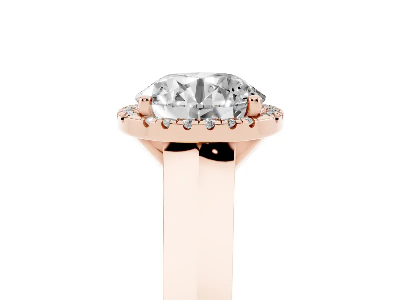 Round Cut Diamond Halo Ring Set in Rose gold with Cathedral Band and Prong Setting