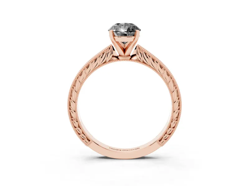 Fancy Black Pear Cut Diamond Solitaire Milgrain Engraved Band Set in Rose gold with Prong Setting