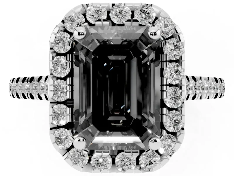 Emerald Cut Halo Engagement Ring Setting for a Black Center | Tapered Band | White Gold