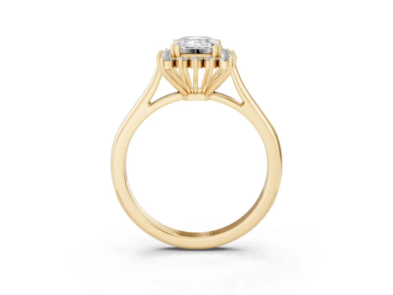 Emerald Cut Starburst Halo Engagement Ring Setting | Thin Plain Band | Yellow Gold