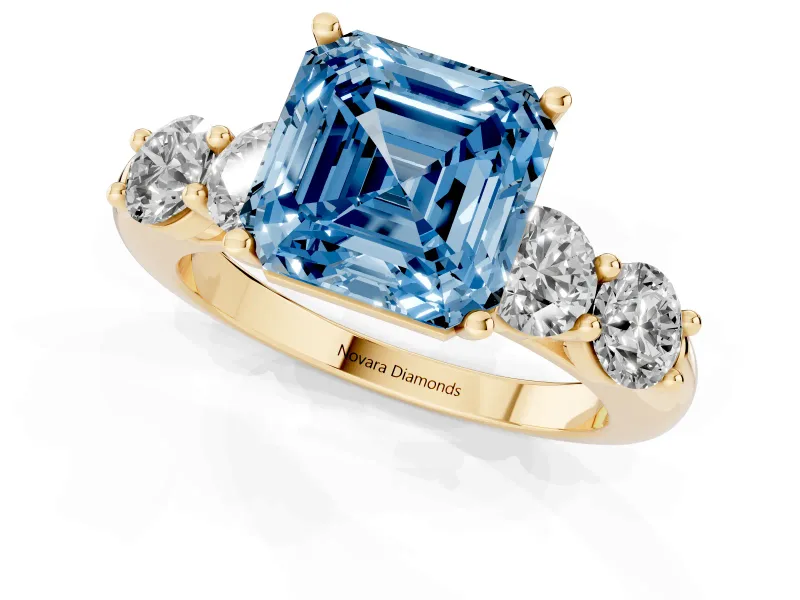 Asscher Cut Five Stone Engagement Ring Setting for a Fancy Blue Lab-Grown Diamond | Prong Set Side Stones | Yellow Gold