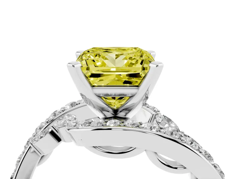 Fancy Yellow Princess Cut Diamond Solitaire Ring Set in White gold with Pavé Twist Band and Secure Prong Setting