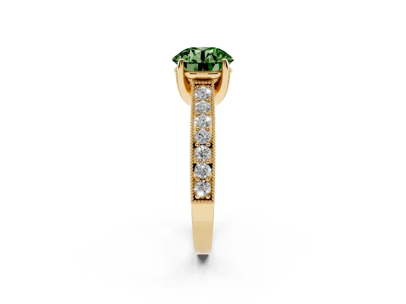 Round Vintage Hidden Halo Engagement Ring Setting for a Fancy Green Lab-Grown Diamond | Milgrain Pave Band | Yellow Gold