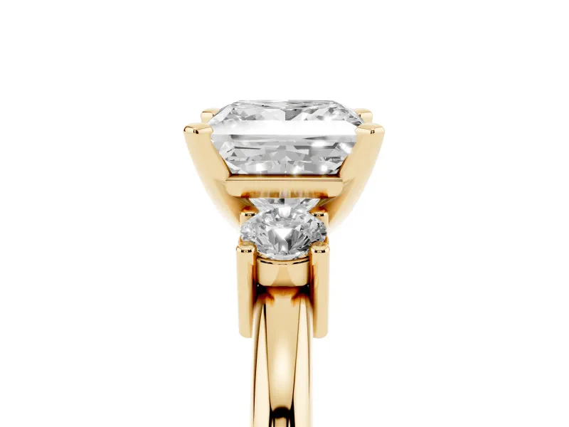 Princess Cut Three Stone Engagement Ring Setting | Round Side Stones | Yellow Gold