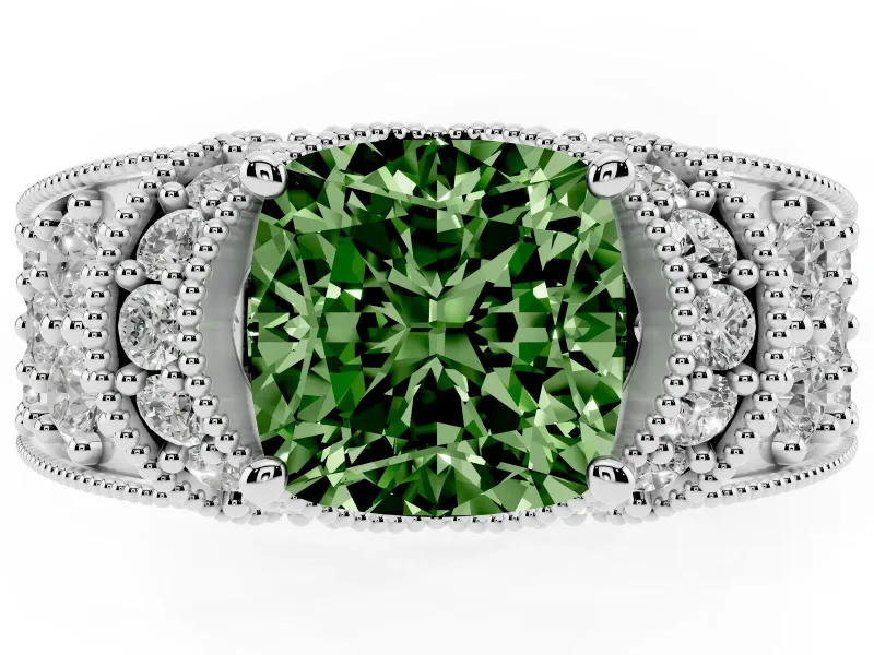 Cushion Cut Vintage Pave Engagement Ring Setting for a Fancy Green Lab-Grown Diamond | Milgrain Edges | Platinum