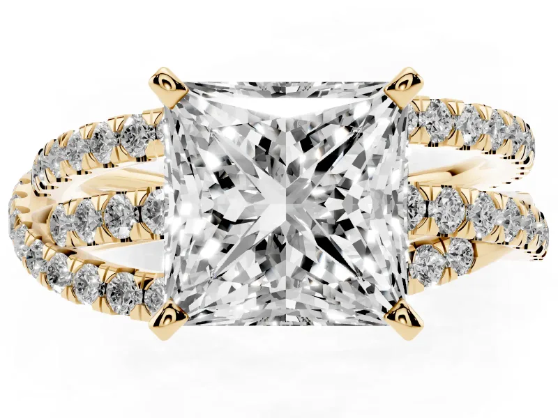 Princess Cut Diamond Solitaire Twist Band Ring Set in Yellow gold with Pavé Setting and Prong Head