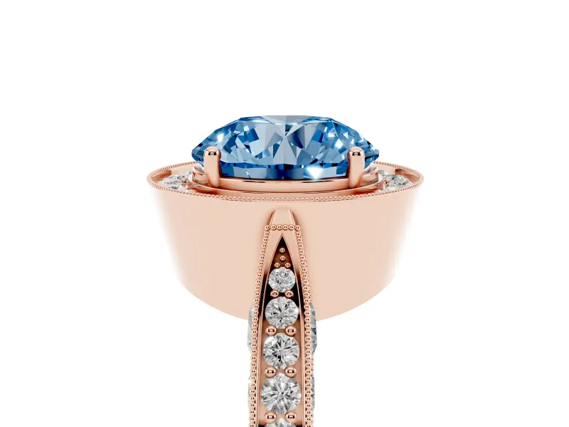 Round Milgrain Halo Engagement Ring Setting for a Fancy Blue Lab-Grown Diamond | Side Stones | Rose Gold
