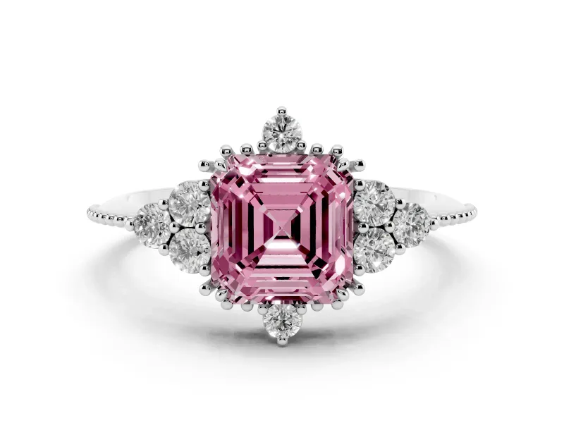 Fancy Pink Asscher Cut Diamond Cluster Ring Set in Platinum with Beaded Band