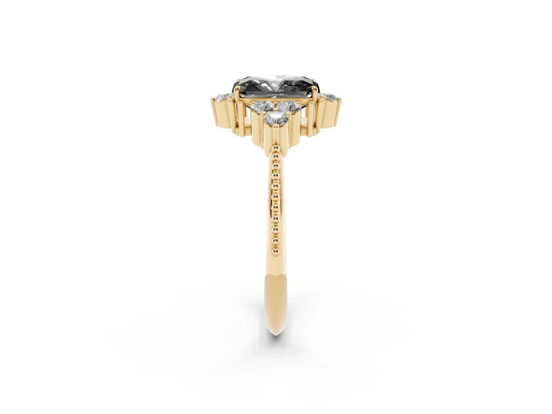 Fancy Black Radiant Cut Diamond Cluster Ring Set in Yellow gold with Beaded Band