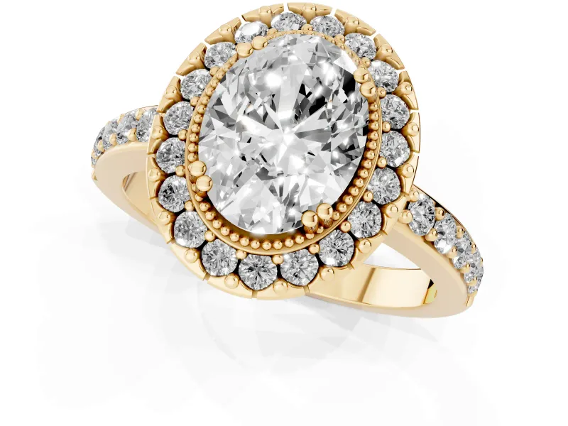 Oval Cut Diamond Halo Ring Set in Yellow gold with Pavé Shank and Prong Setting