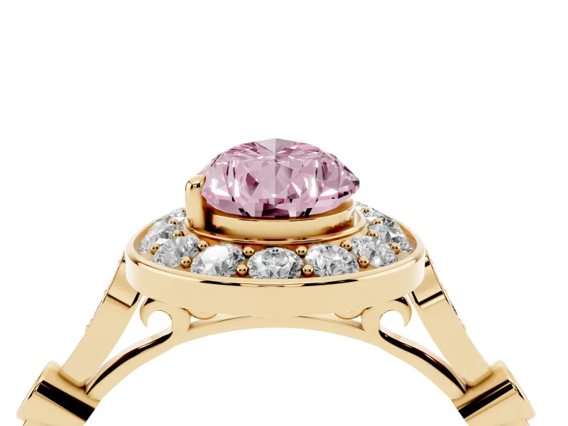 Fancy Pink Pear Cut Diamond Halo Engagement Ring Set in Yellow gold with Twisted Band and Prong Setting