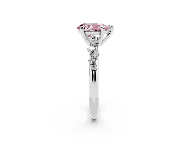 Fancy Pink Pear Cut Diamond Solitaire Vine Band Ring Set in Silver with Round Accents and Prong Setting