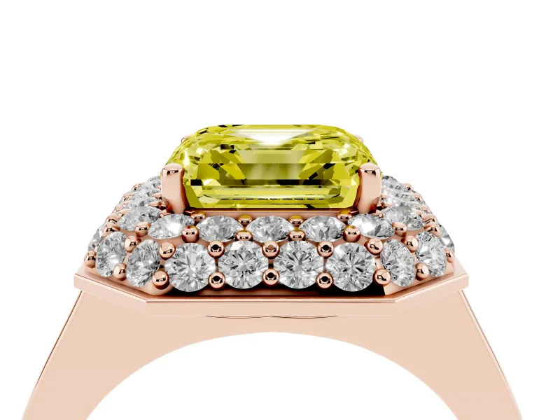 Fancy Yellow Asscher Cut Diamond Halo Engagement Ring Set in Rose gold with Solitaire Band and Prong Setting