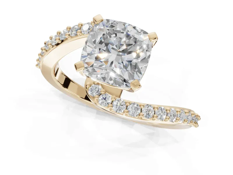 Cushion Cut Bypass Pavé Solitaire Engagement Ring Setting | Swirl Band | Yellow Gold