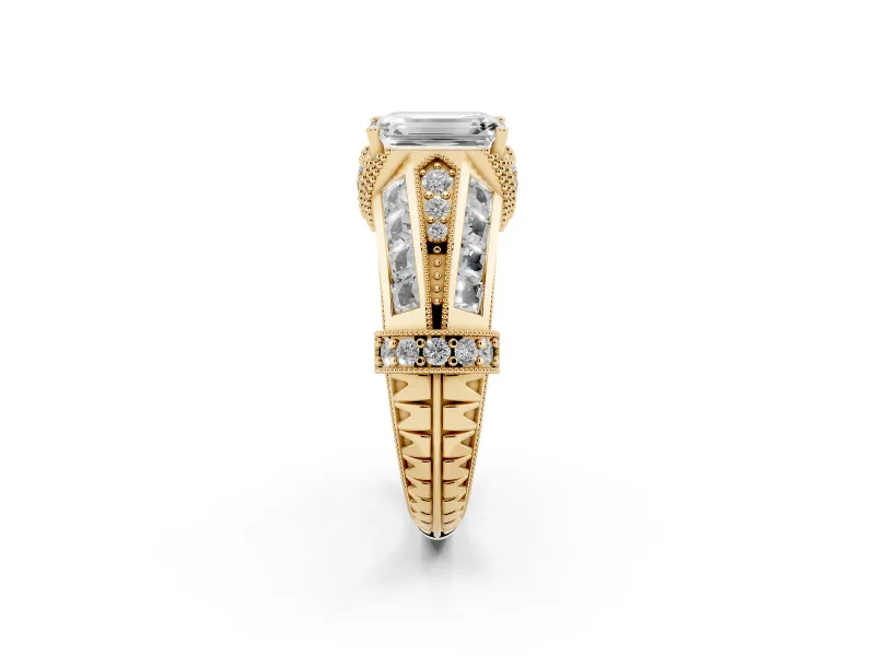 Emerald Cut Vintage Milgrain Engagement Ring Setting | Hidden Halo | Yellow Gold