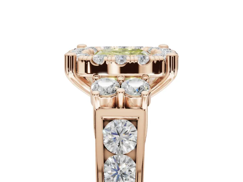 Cushion Cut Halo Engagement Ring Setting for a Fancy Yellow Lab-Grown Diamond | Graduated Channel Band | Rose Gold