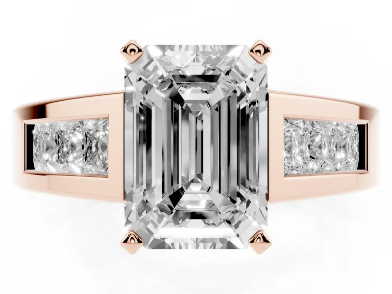 Emerald Cut Channel-Set Engagement Ring Setting | Princess Side Stones | Rose Gold