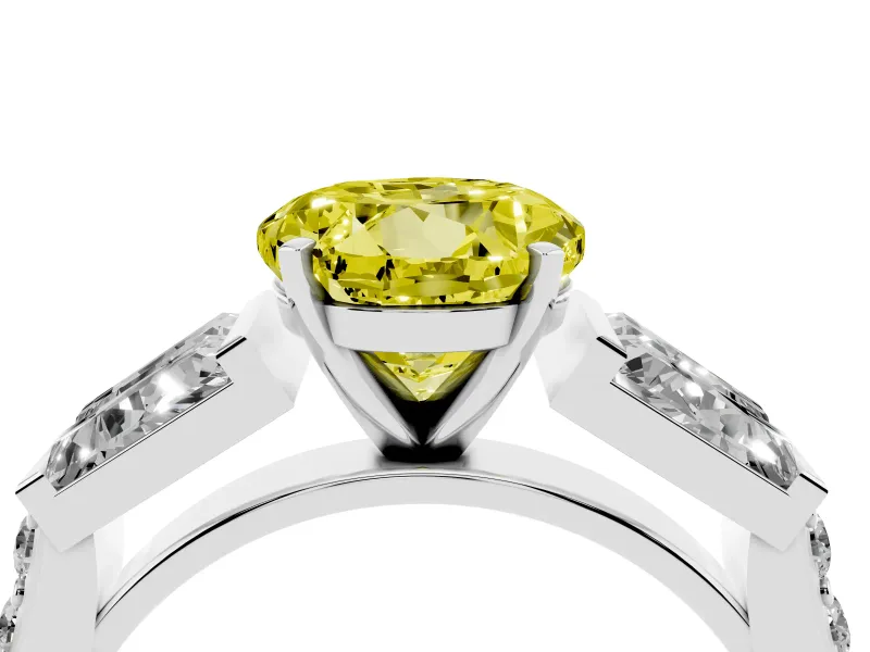 Fancy Yellow Round Cut Diamond Engagement Ring Set in Platinum with Baguette Side Stones and Channel Set Band