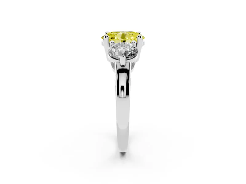 Fancy Yellow Oval Cut Diamond Three-Stone Ring Set in Platinum with Prong Setting and Classic Band
