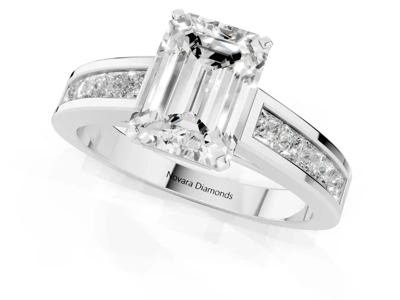 Emerald Cut Diamond Solitaire Ring Set in Silver with Channel-Set Band and Prong Setting