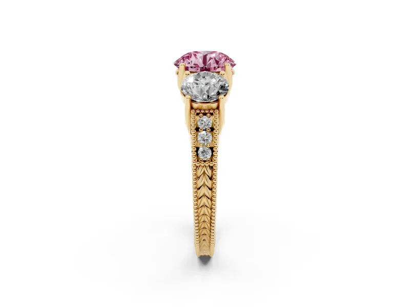 Round Vintage Three Stone Engagement Ring Setting for a Fancy Pink Lab-Grown Diamond | Yellow Gold
