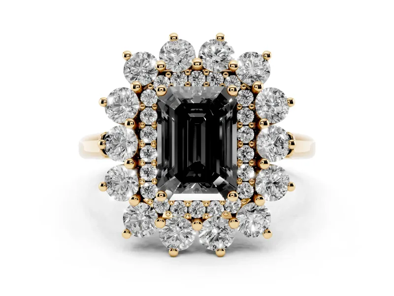 Fancy Black Emerald Cut Diamond Floral Double Halo Ring Set in Yellow gold with Round Petals
