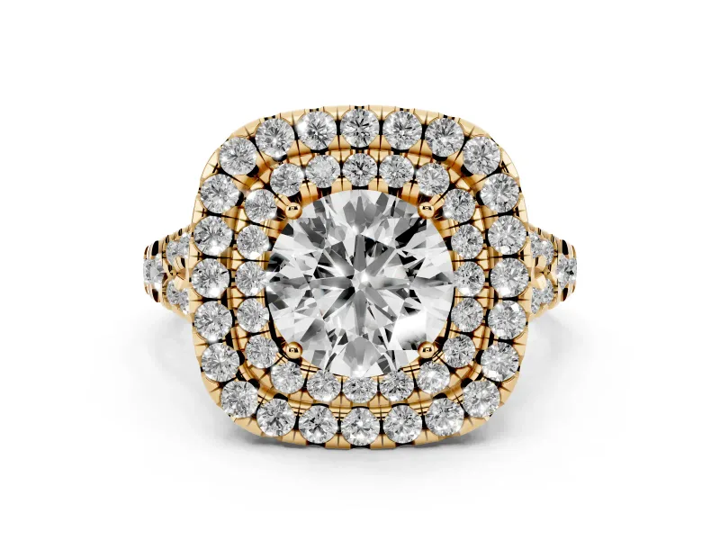 Round Cut Diamond Double Halo Ring Set in Yellow gold with Pavé Split Shank and Prong Setting