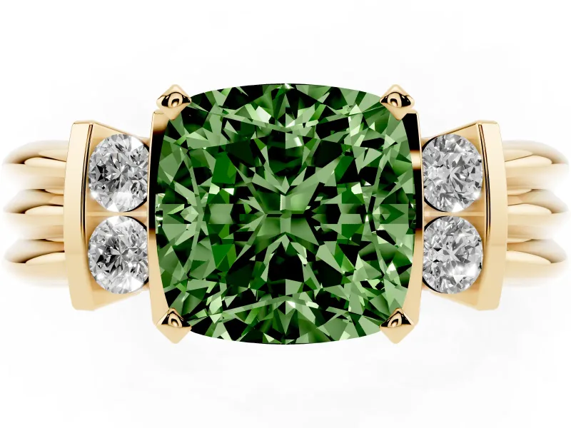 Fancy Green Three-Stone Cushion Cut Diamond Channel Set Ring Set in Yellow gold with Bar Prongs