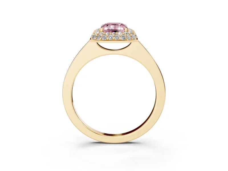 Fancy Pink Emerald Cut Diamond Halo Engagement Ring Set in Yellow gold with Solitaire Band and Prong Setting