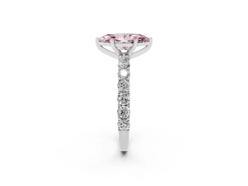Fancy Pink Marquise Cut Diamond Solitaire Ring Set in Platinum with Shared Prong Pavé Band