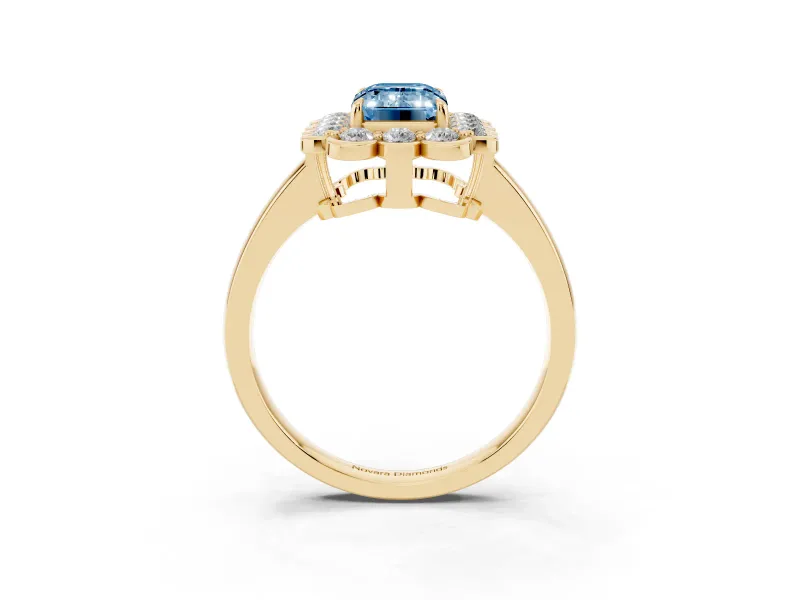 Emerald Cut Scalloped Cluster Halo Engagement Ring Setting for a Fancy Blue Lab-Grown Diamond | Plain Band | Yellow Gold