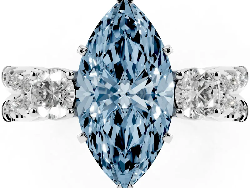 Fancy Blue Marquise Cut Diamond Three-Stone Ring Set in Silver with Pavé Split Shank and Prong Setting
