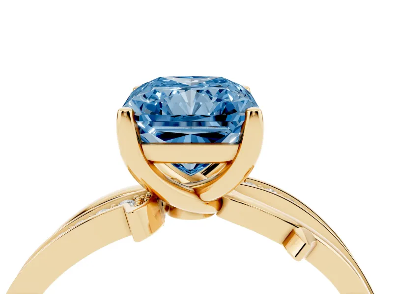 Fancy Blue Radiant Cut Diamond Pavé Twist Band Solitaire Ring Set in Yellow gold with Prong Setting