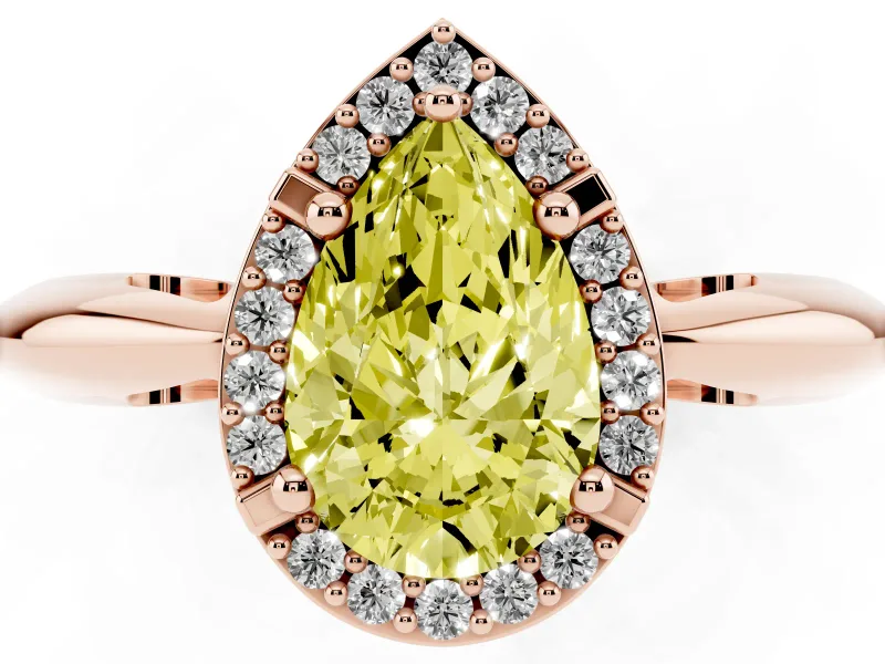 Fancy Yellow Pear Cut Diamond Halo Engagement Ring Set in Rose gold with Plain Split Shank and Prong Setting