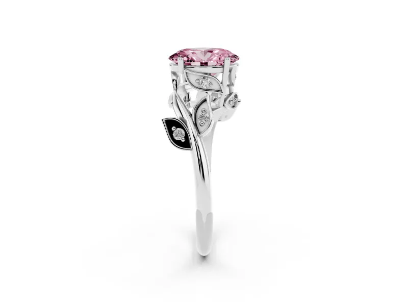Fancy Pink Oval Cut Diamond Solitaire Twist Engagement Ring Set in Platinum with Pavé Leaf Accents
