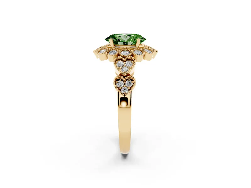 Oval Scalloped Halo Engagement Ring Setting for a Fancy Green Lab-Grown Diamond | Heart Pavé Band | Yellow Gold