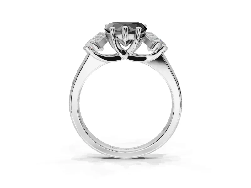 Heart-Shaped Three Stone Engagement Ring Setting for a Black Center | Tapered Band | White Gold
