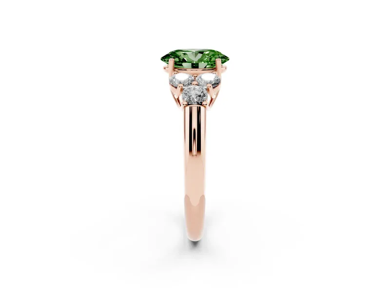 Fancy Green Oval Cut Diamond Cluster Ring Set in Rose gold with Round Accent Stones and Prong Setting on a Plain Band