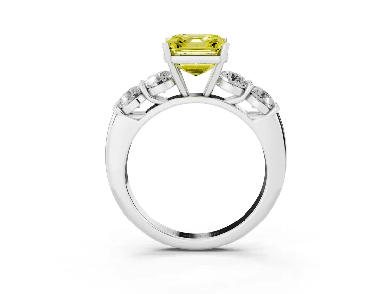 Fancy Yellow Asscher Cut Diamond Five-Stone Prong Set Ring Set in White gold with Classic Band