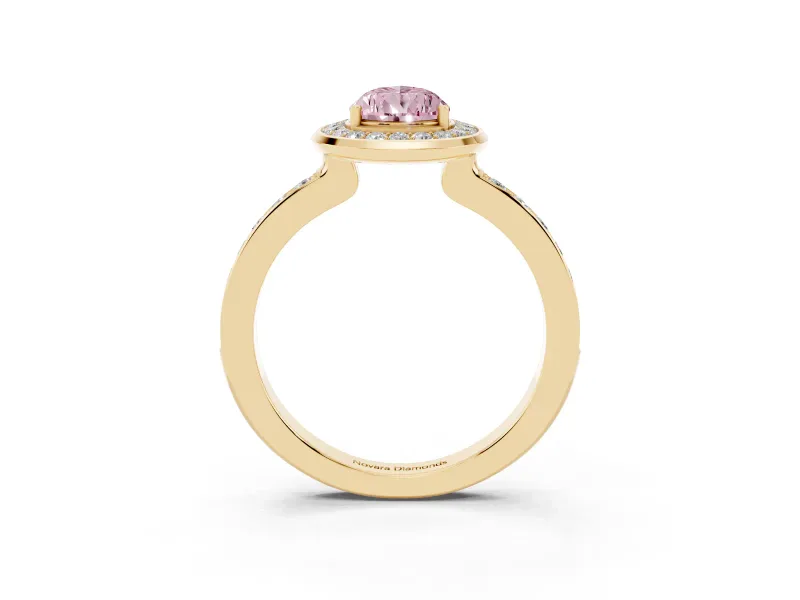 Pear-Shaped Bezel-Rim Halo Engagement Ring Setting for a Fancy Pink Lab-Grown Diamond | Pave Band | Yellow Gold