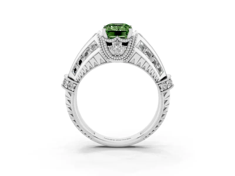 Fancy Green Emerald Cut Diamond Vintage-Inspired Milgrain Ring Set in Platinum with Accent Split Shank