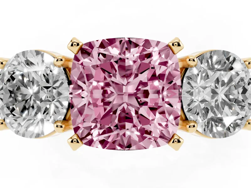 Cushion Cut Three Stone Engagement Ring Setting for a Fancy Pink Lab-Grown Diamond | Wide Plain Band | Yellow Gold