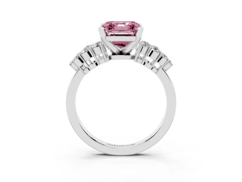 Fancy Pink Asscher Cut Diamond Cluster Engagement Ring Set in Platinum with Pavé Band and Prong Setting