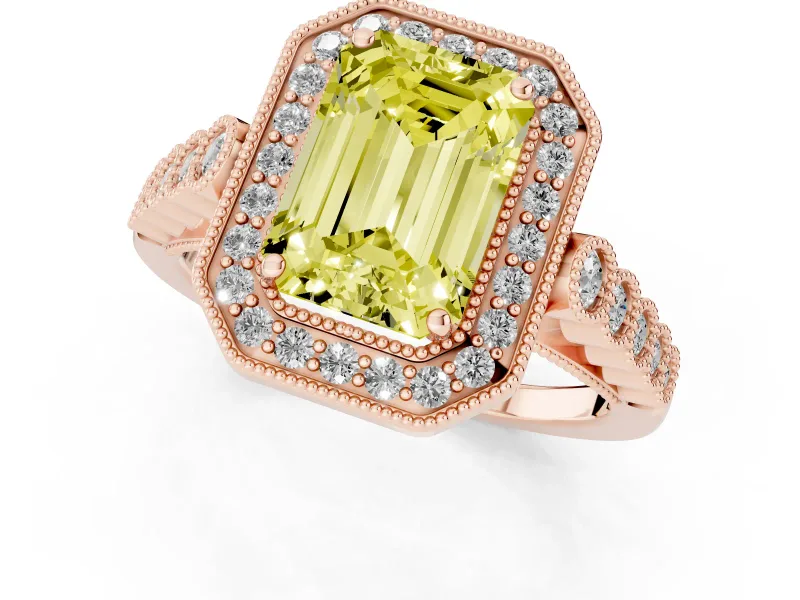 Emerald Cut Graduated Milgrain Halo Engagement Ring Setting for a Fancy Yellow Lab-Grown Diamond | Rose Gold