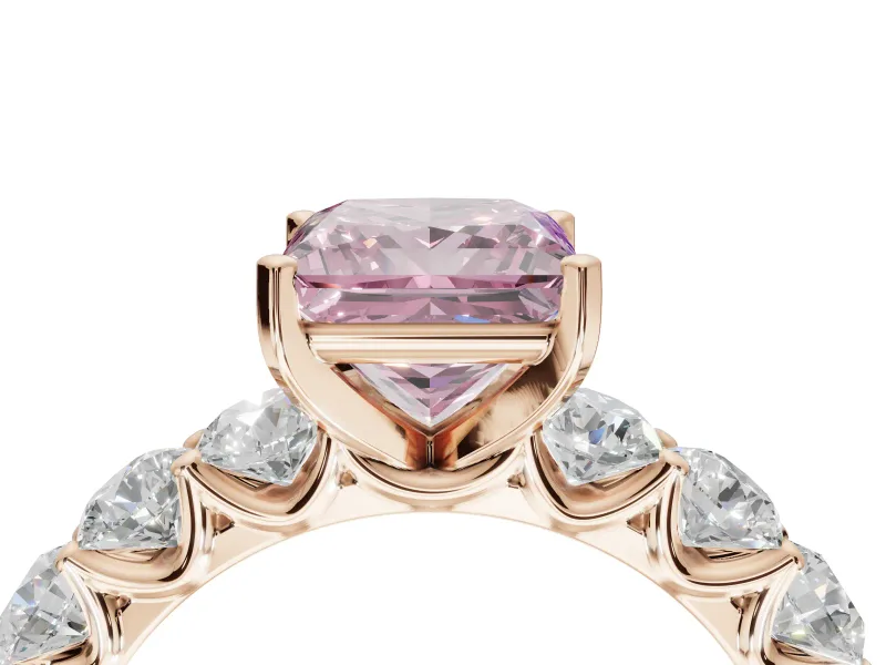 Princess Cut Side Stone Engagement Ring Setting for a Fancy Pink Lab-Grown Diamond | Scalloped Prong Accents | Rose Gold